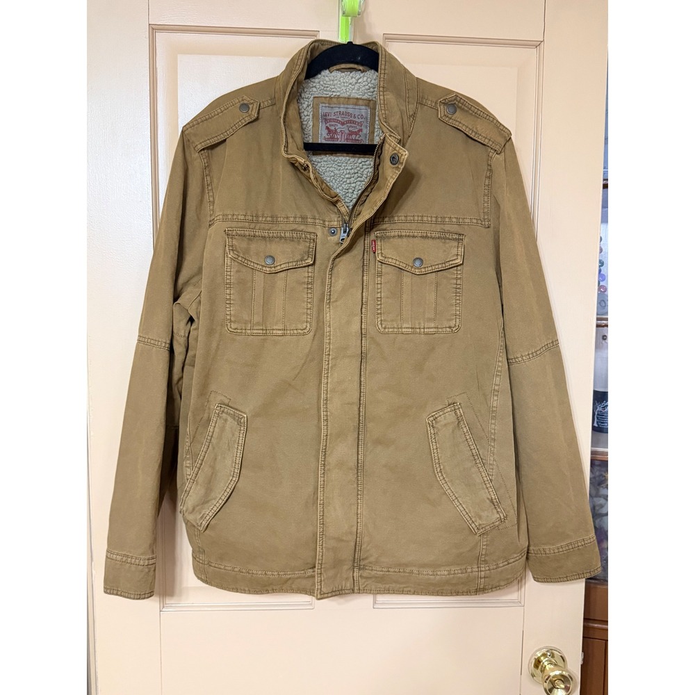 Levis Mens Sherpa Lined Field Jacket Tan Brown Canvas Military Utility Coat XL